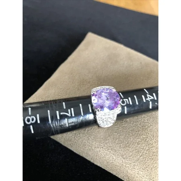 Clear crystal Rhinestone and Amethyst Silver Tone Cocktail Ring Size 5.5 Costume
